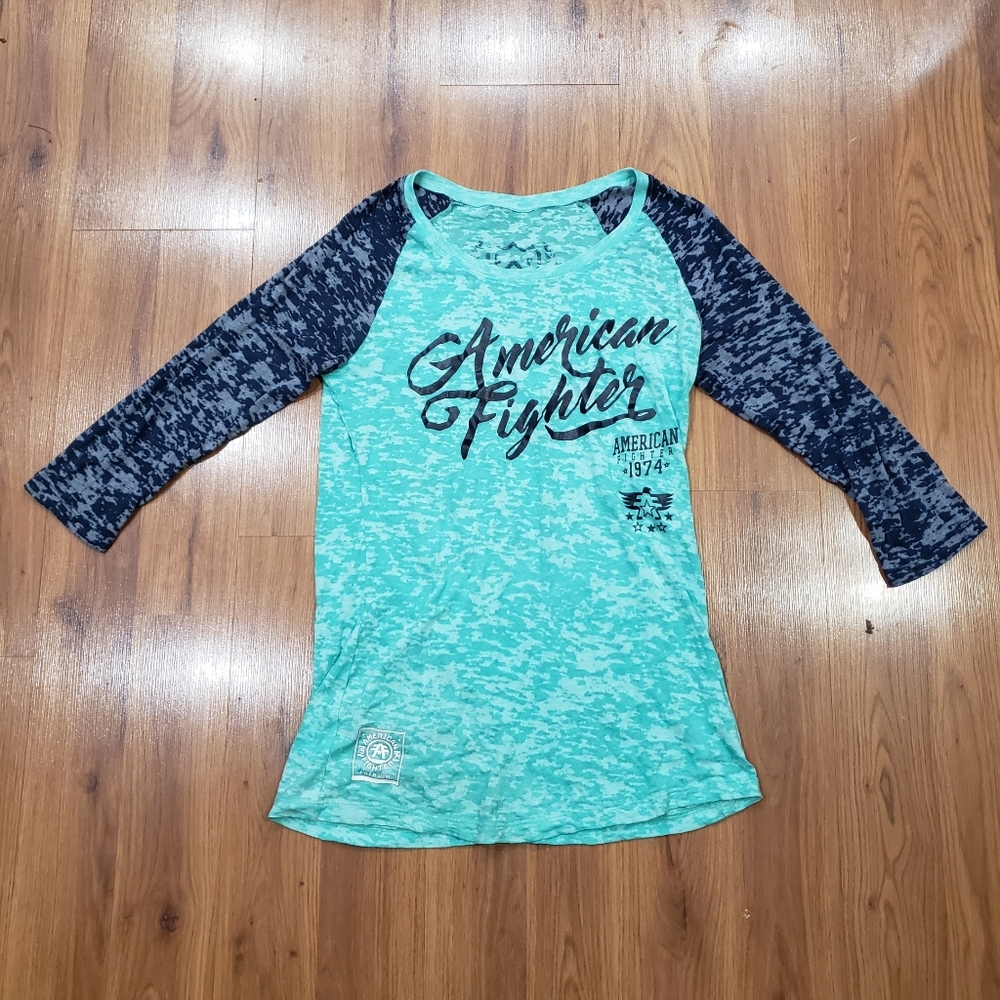 American Fighter Aqua & Navy Raglan Long Sleeve Tee!